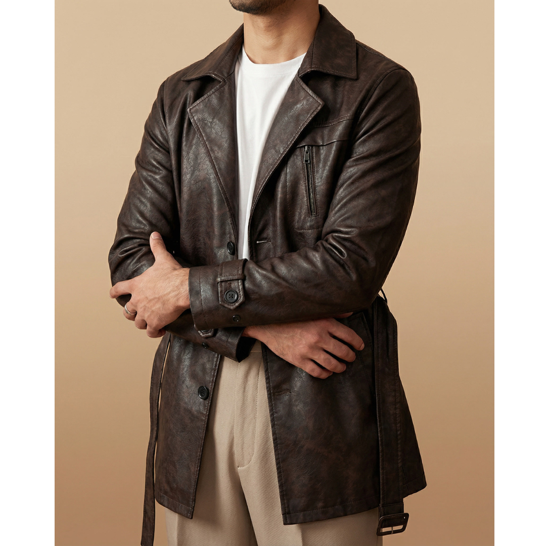 GIANCARLO ADRIANO FAUX LEATHER BELTED JACKET